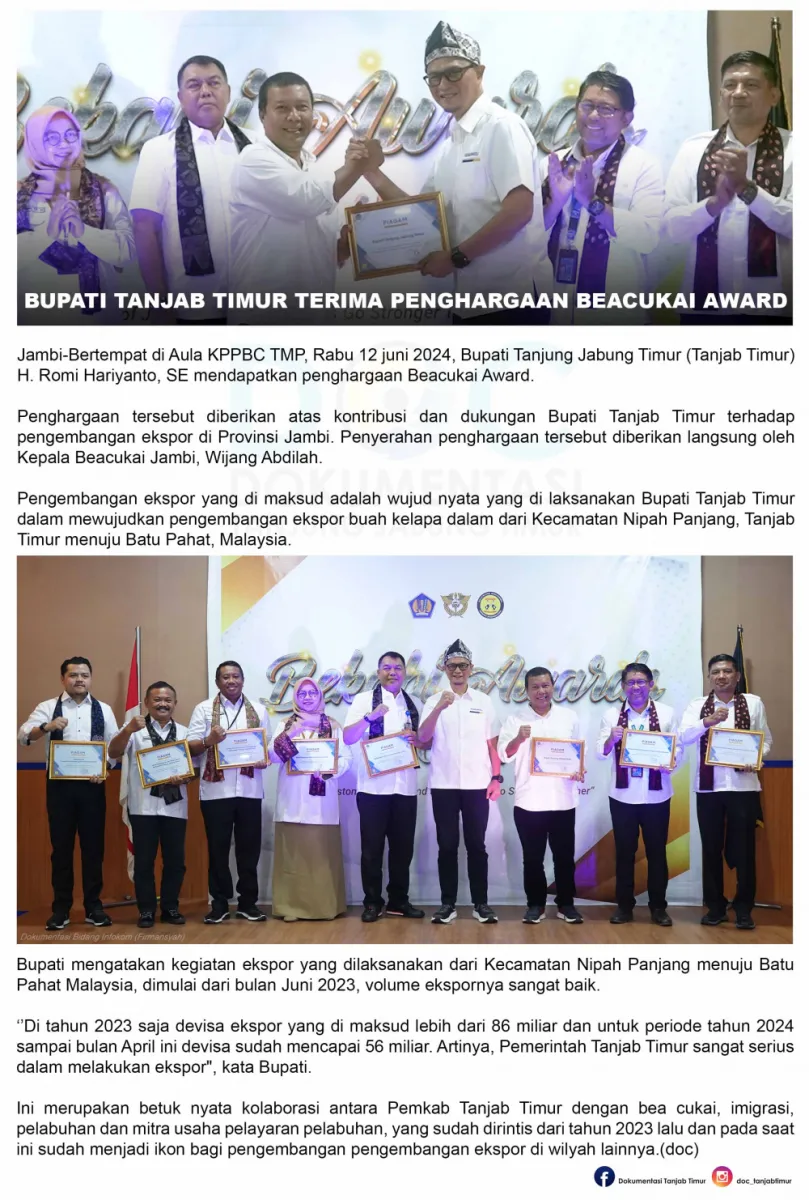 BUPATI TANJAB TIMUR TERIMA PENGHARGAAN BEACUKAI AWARD